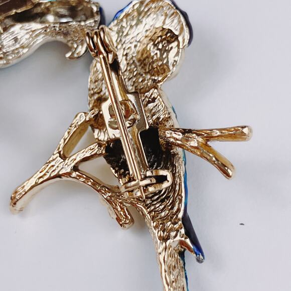 VTG Enamel Blue Bird Brooch Pair 1980s 1990s Gold Tone Rhinestone Figural Pins - Picture 7 of 11